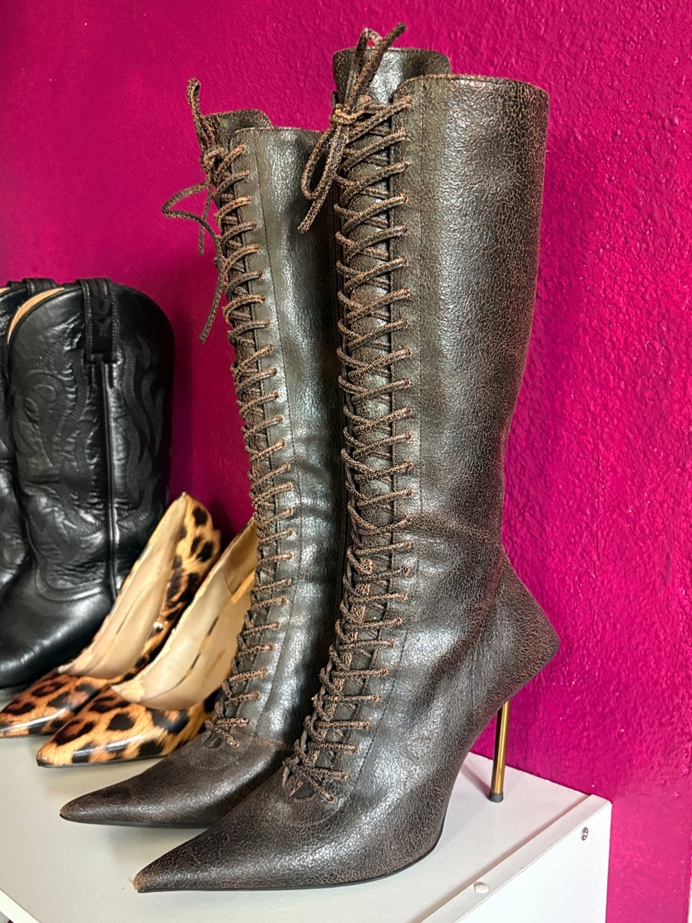 Jeffrey Campbell Dark Brown Lace-Up Pointed Toe Knee Boots